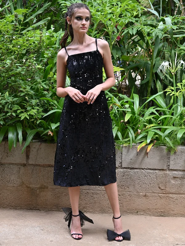 Effortless Sophistication Odette Women Black Velvet And Sequins Embellished Stitched Dress With Spaghetti Straps