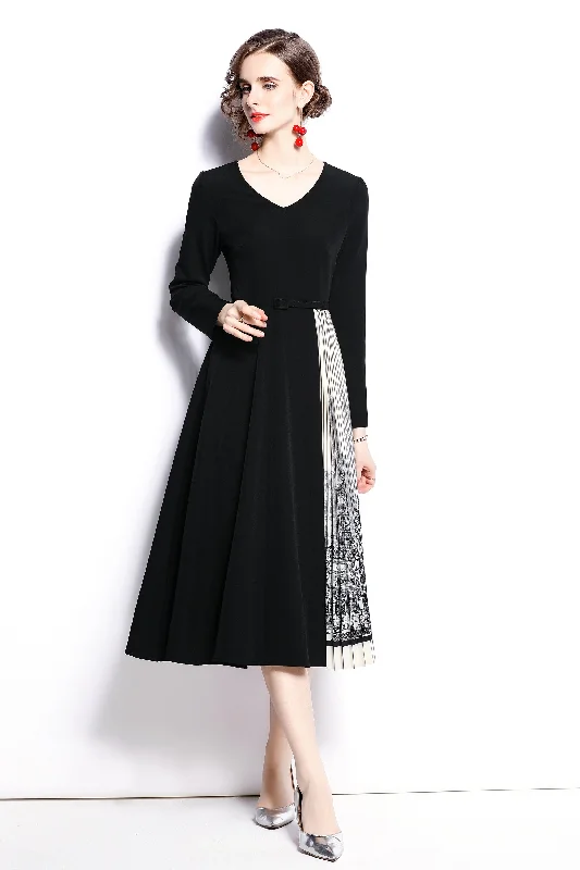 Elegant Attire Black & White Office A-line V-neck Long Sleeve Below Knee Dress