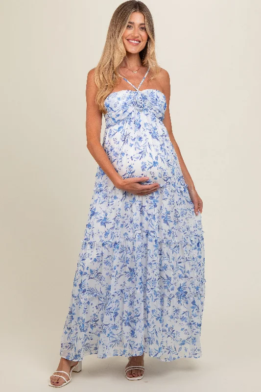 Seasonal Sale Blue Floral Halter Maxi Maternity Dress