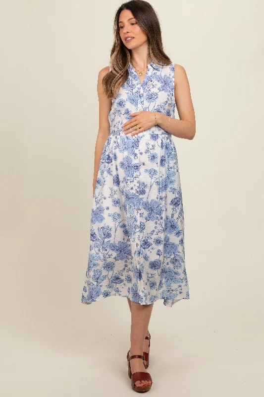 Fashion Sale Blue Floral Printed Sleeveless Maternity Midi Shirt Dress