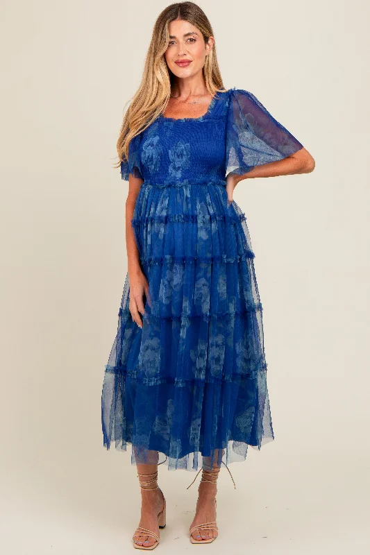 Style Your Wardrobe Blue Floral Smocked Tulle Maternity Maxi Dress