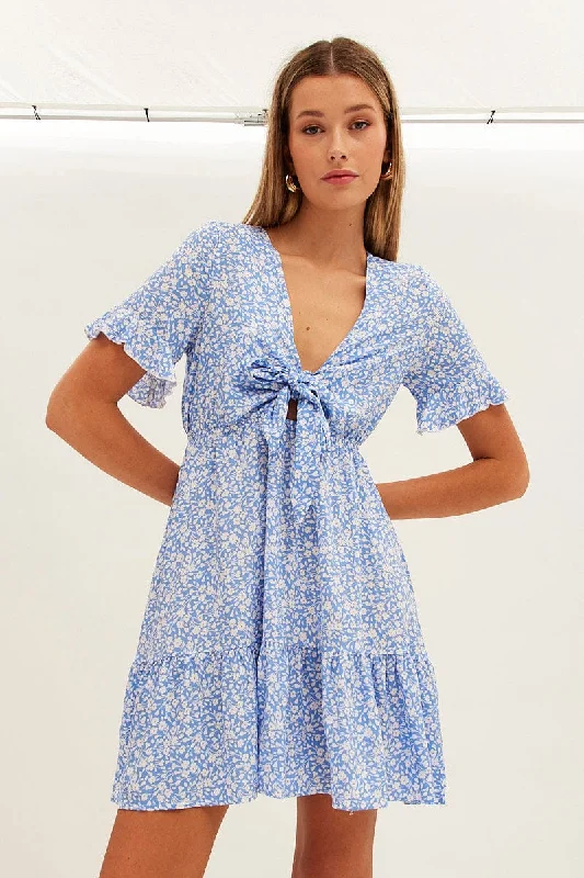 Feminine Elegant Blue Floral Tie Front Mini Skater Dress