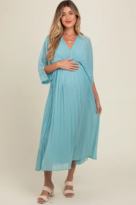 Relaxed Style Blue Pleated V Neck Maternity Maxi Dress