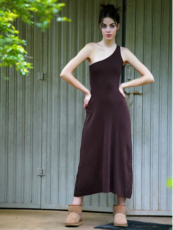 Seasonal Sale Odette Women Brown Ribbed Cotton Solid Long Stitched Dress