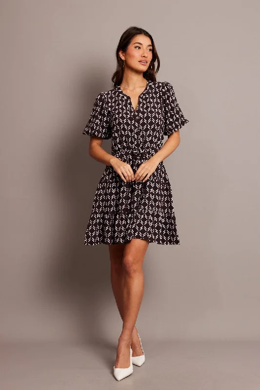 Save On Inspired Styles Brown Geo Fit And Flare Dress Puff Sleeve Mini