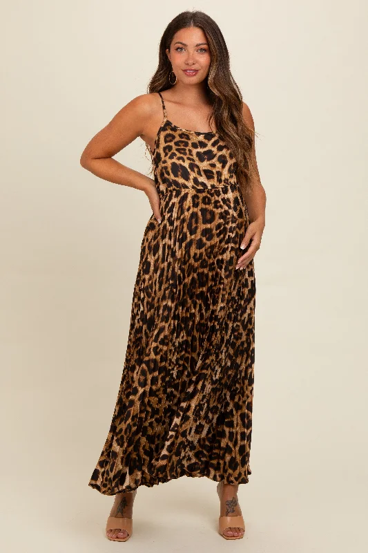 Chic Style, Always In Vogue Brown Leopard Print Pleated Maternity Maxi Dress