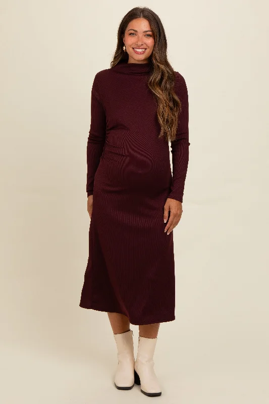 Top Brand Discounts Brown Ruffle Mock Neck Long Sleeve Maternity Midi Dress