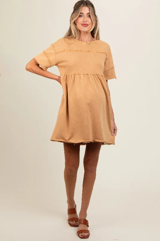 The Epitome Of Modern Women's Fashion Camel Raw Hem Maternity Short Sleeve Dress