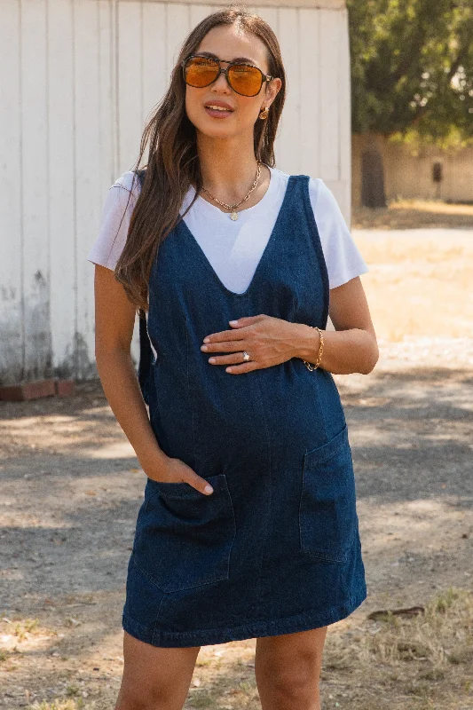 Flowing Silhouette Charcoal Denim Front Pocket Maternity Skirt Overalls
