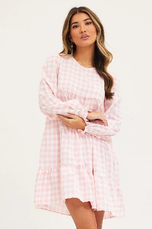 Style Revolution Check Mini Dress Long Sleeve Round Neck