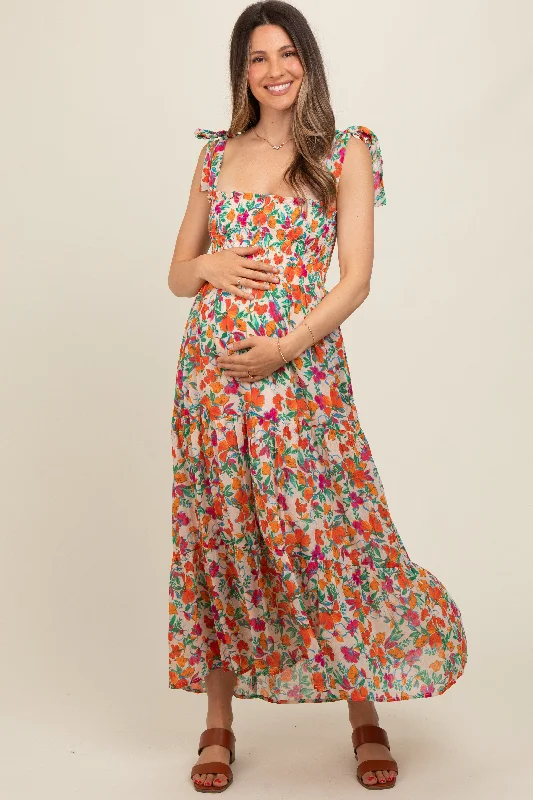 Summer Essentials Cream Multi-Color Floral Smocked Sleeveless Maternity Maxi Dress