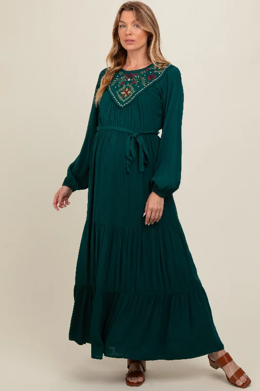 Fashion For Every Occasion Dark Teal Embroidered Maternity Tiered Maxi Dress