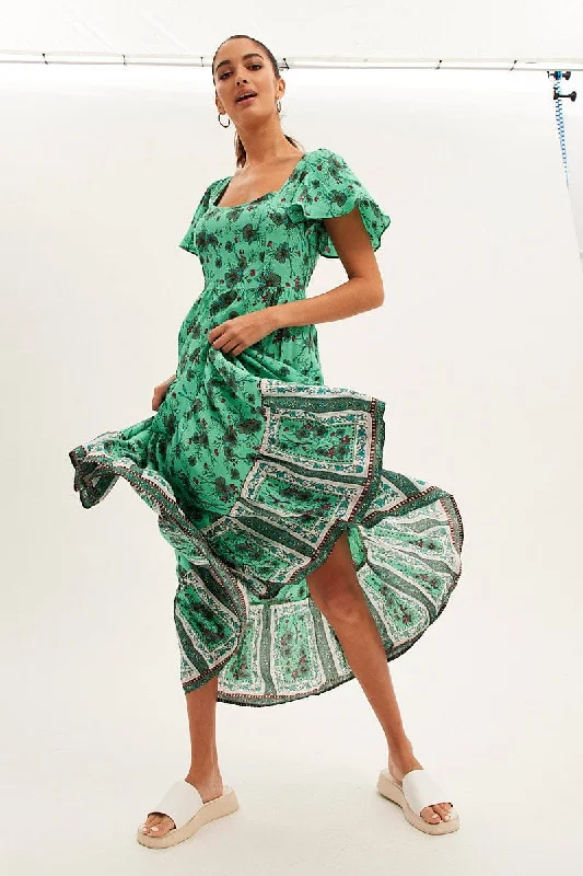 Cutting Edge Fashion Green Boho Maxi Dress Square Neck Short Sleeve