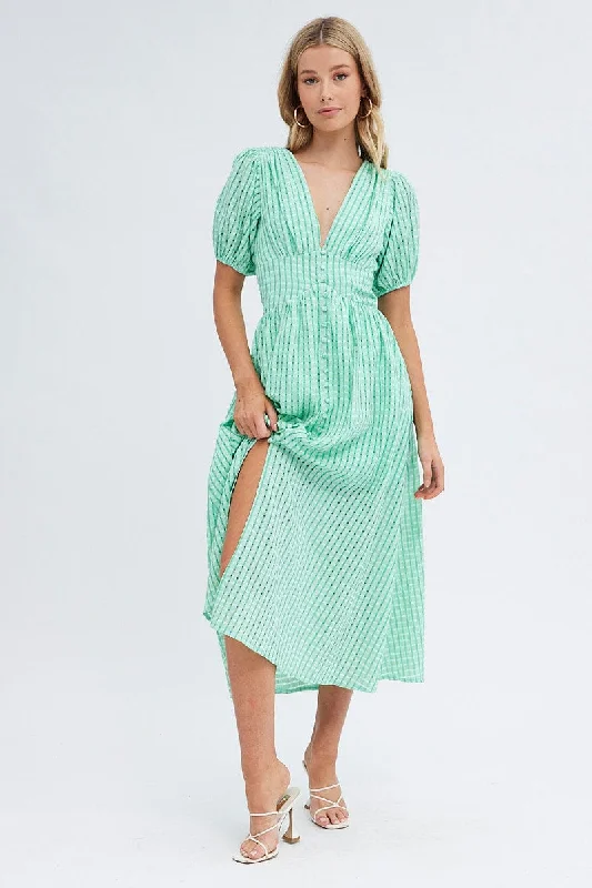 Exclusive Sale Green Check Check Puff Sleeve Midi Dress