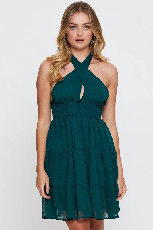 Sleek Design Green Fit And Flare Dress Sleeveless Halter Neck