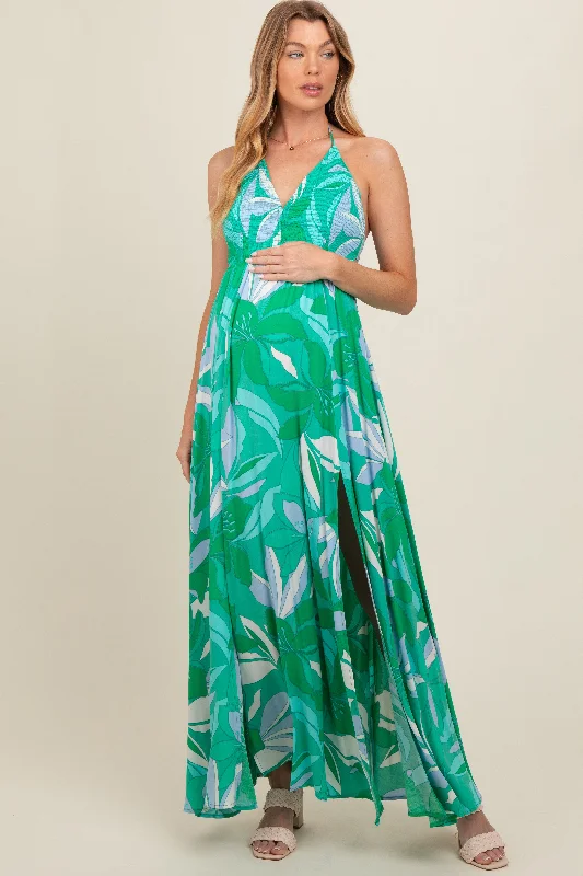 Latest Trends Green Floral Smocked Halter Open Back Maternity Maxi Dress