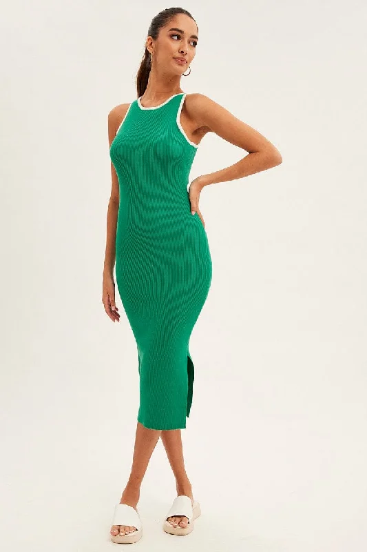 Exquisite Craftsmanship Green Knit Dress Midi