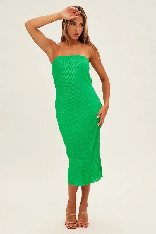 Effortless Comfort Green Midi Dress Bandeau Plisse