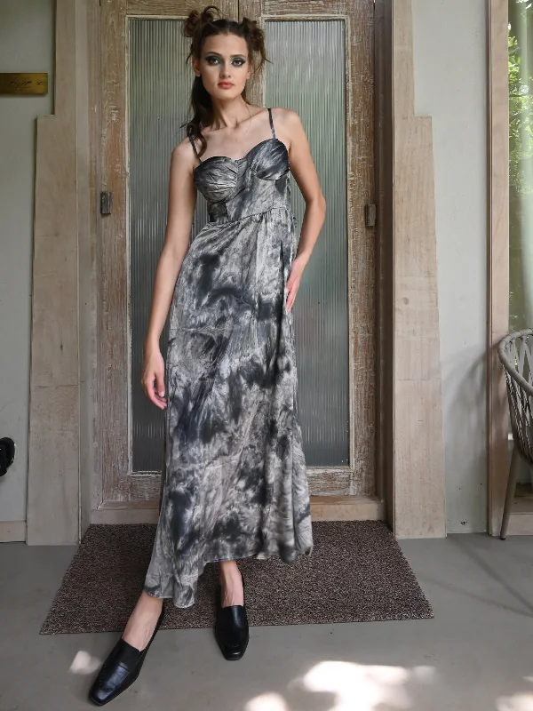 Grab Romantic Date - Night Styles Now Odette Women Grey Satin Printed Partywear Stitched Dress With Spaghetti Straps