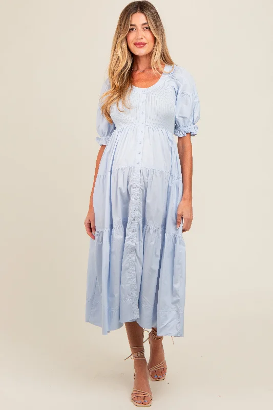 Redefining Women's Style Light Blue Contrast Top Tiered Maternity Midi Dress