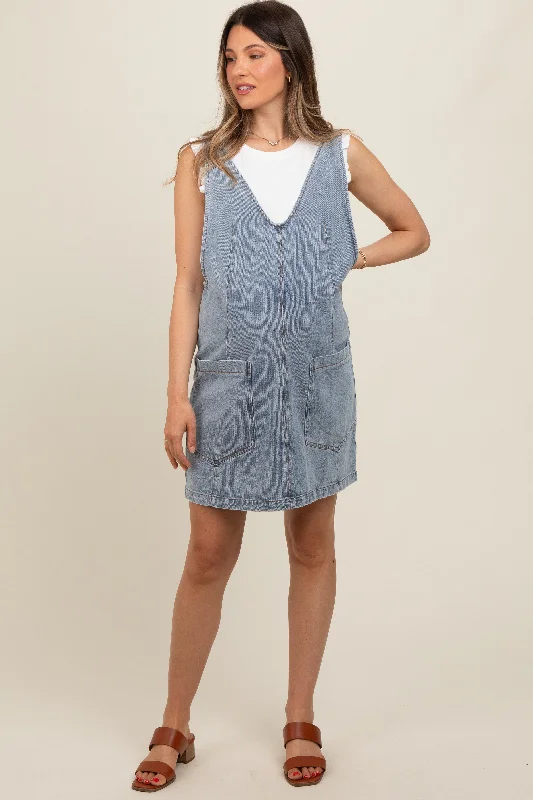 Elegant Style Light Blue Denim Front Pocket Maternity Skirt Overalls