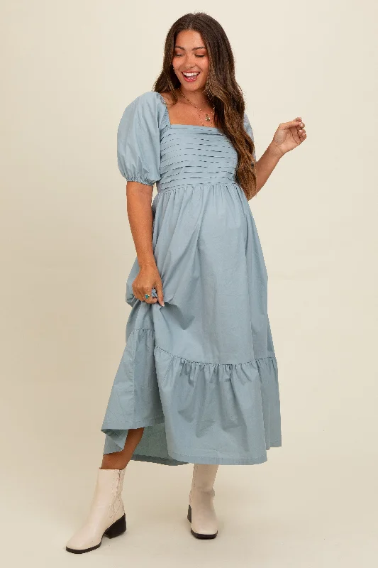 Fashion For Every Occasion Light Blue Pleated Bodice Puff Sleeve Maternity Midi Dress