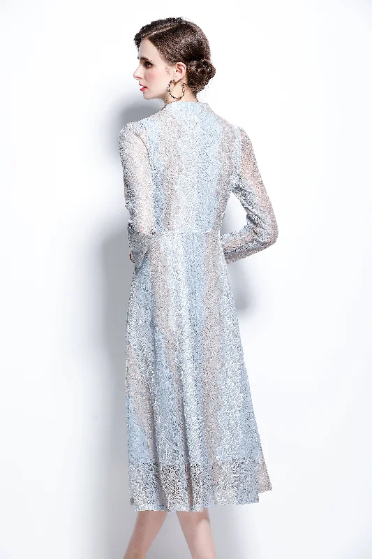 Effortless Comfort Light blue & Violet Evening A-line Crewneck 3/4 Sleeves Midi Lace Dress