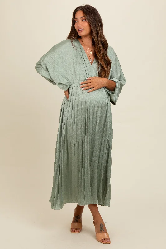 Stupidly Low Prices Light Olive Satin Pleated V-Neck Maternity Maxi Dress