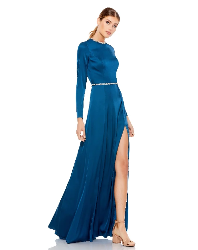 Signature Style Essentials Long Sleeve Jewel Trimmed Charmeuse Gown