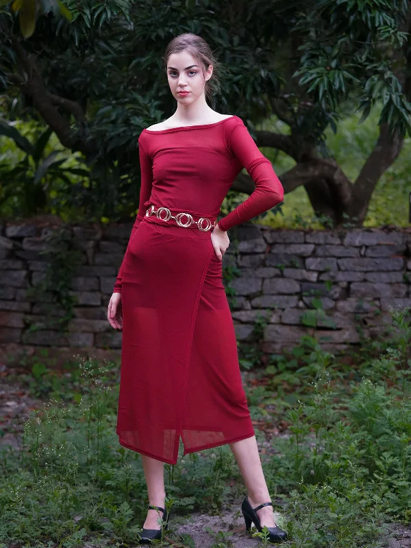 Now On Sale For Chic Urban Styles Odette Women Maroon Polyester Gauze And Lycra Belted Long Stitched Dress With Slip