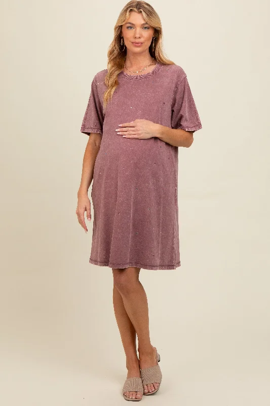 Everyday Glamour Mauve Rhinestone Mineral Washed Maternity T-Shirt Dress