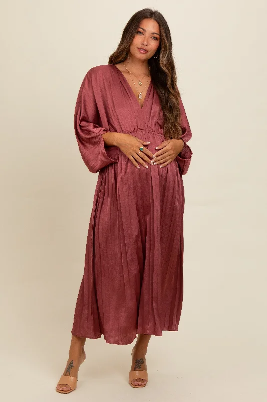 Everyday Glamour Mauve Satin Pleated V-Neck Maternity Maxi Dress