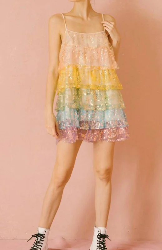 Sophisticated Fashion Mini Trapeze Swing Dress in Rainbow And Sequin