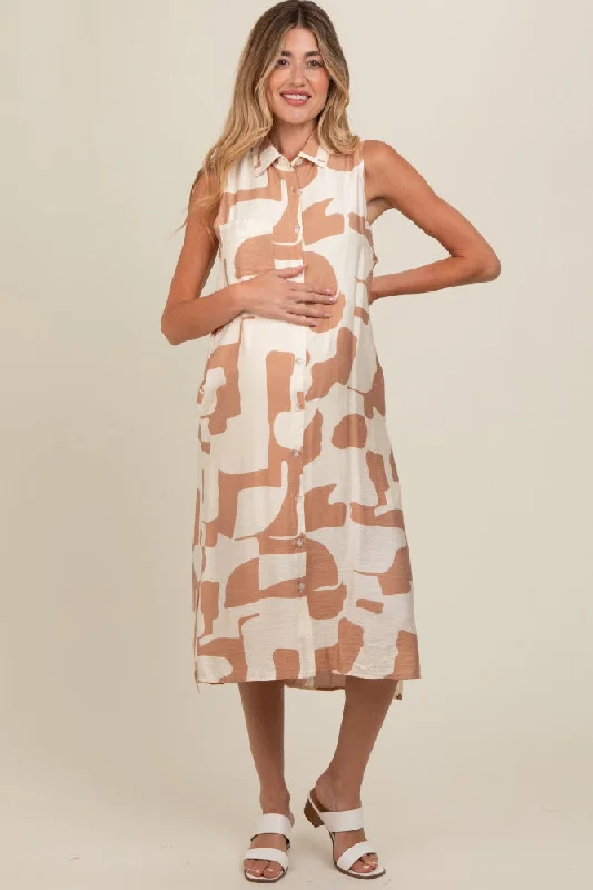 Trend Alert Mocha Printed Button Down Collared Maternity Midi Dress