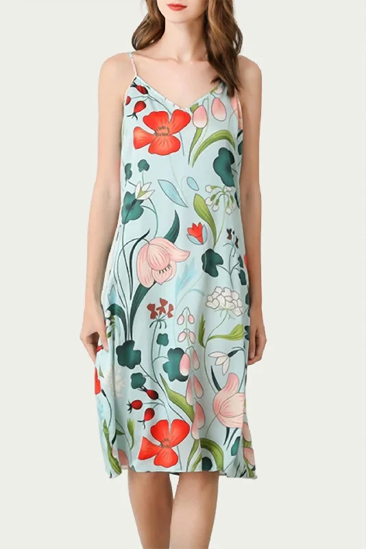 Chic Wardrobe Essentials Mulberry Floral-Print Silk Midi Slip Dress In Sky Blue