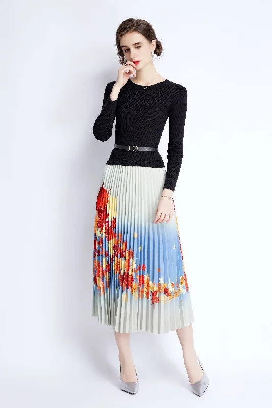 Formal Outfit Multicolor Cocktail A-line Crewneck Long Sleeve Maxi Pleated Dress