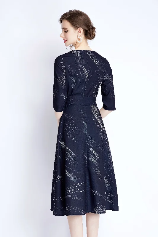 Timeless Elegant Navy Day A-line Crewneck Elbow Sleeve Below Knee Printed Dress