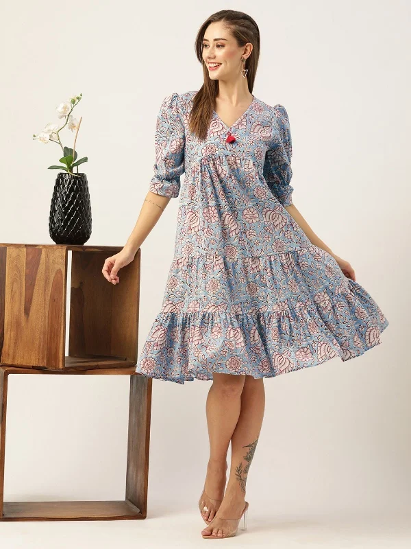 New Season Fashion Preview Sale Odette Blue Cotton Printed Stitched Indo Western Dress For Women