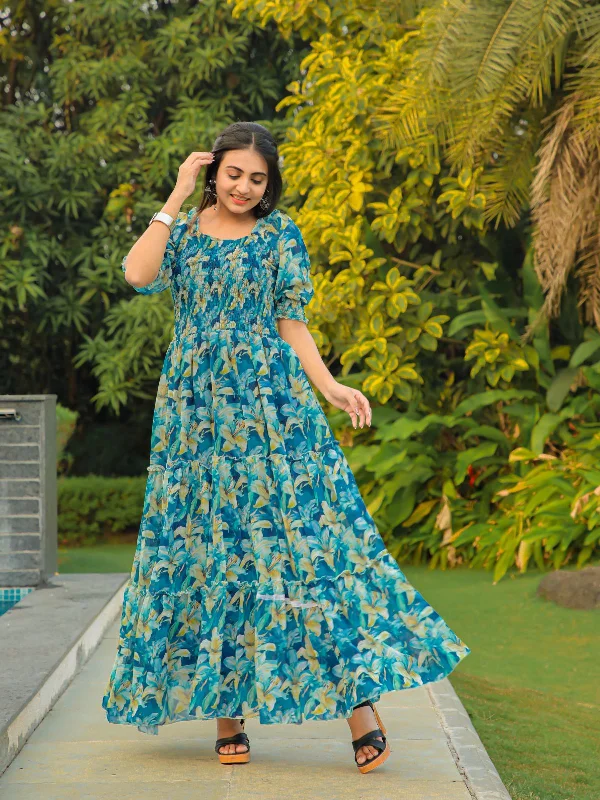 Grab Romantic Date - Night Styles Now Odette Blue Georgette Stitched Printed Indo Western Dress For Women