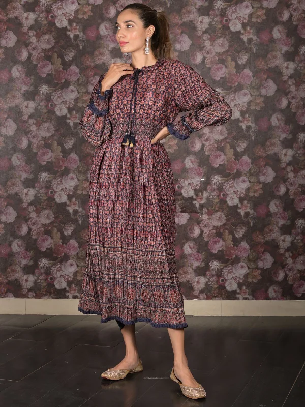 Special Offers, Don't Miss Odette Brown Crushed Chinon Printed Indo-Western Dress For Women