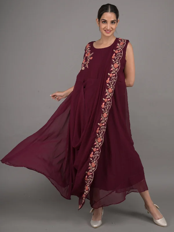 Holiday Glam Odette Purple Crepe Embroidered Stitched Indo-Western Dress For Women