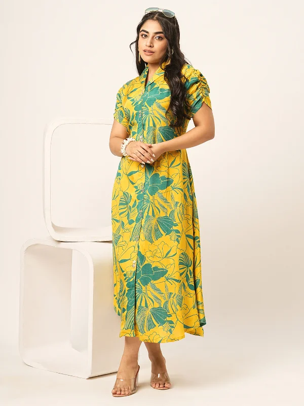 Catch Every Fashion Trend Odette Yellow Cotton Printed Indo Western Dress For Women