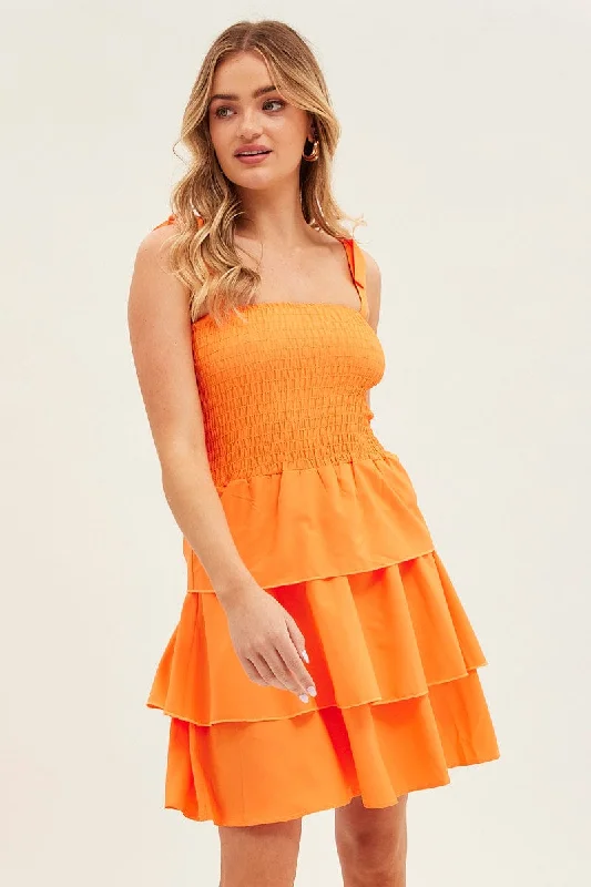 Budget Friendly Fashion Orange Tie Shoulder Skater Dress