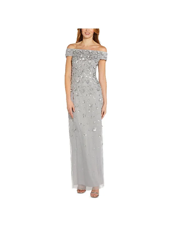 New In This Season Petites Womens Embellished Off-The-Shoulder Evening Dress