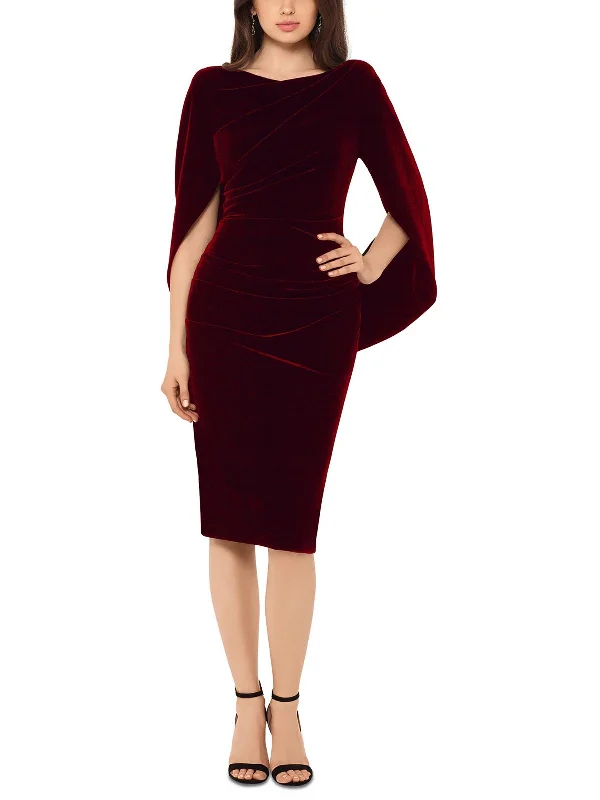 Dive Into Trendy Styles Petites Womens Velvet Cape Sleeves Cocktail and Party Dress