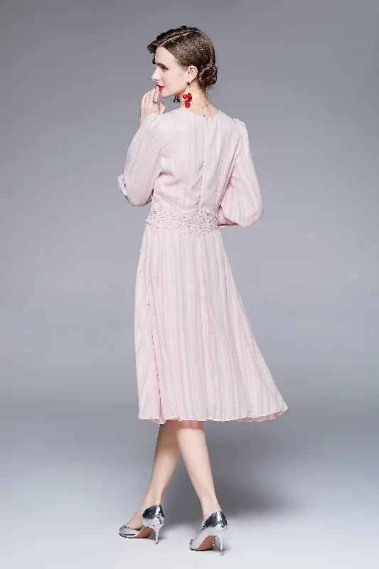 Chic Everyday Wear Pink Evening A-line Squareneck Long Sleeve Knee Buttoned Dress