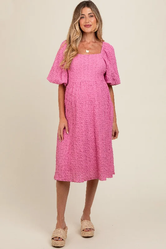 Feminine Grace Pink Floral Jacquard Maternity Midi Dress