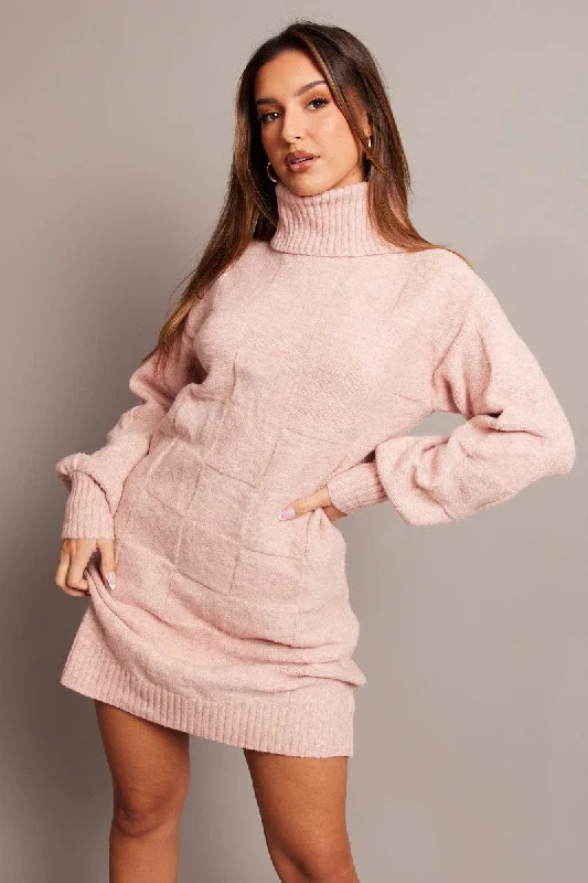 Anniversary Sale Pink Knit Dress Long Sleeve Turtle Neck