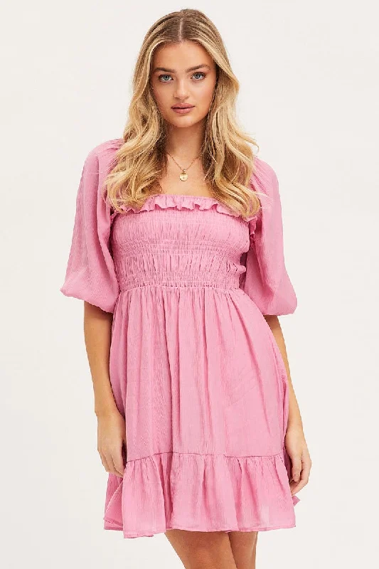 Bold Fashion Pink Mini Dress Short Sleeve Evening