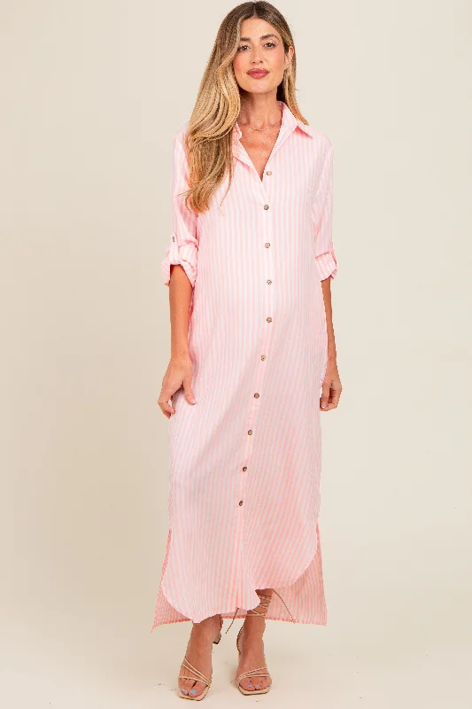 Innovate Your Wardrobe Pink Striped Button Down Maternity Maxi Dress